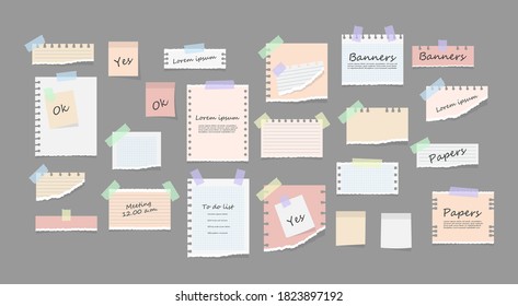 Paper notes on stickers, notepads and memo messages torn paper sheets. White and colorful striped note, copybook, notebook sheet. Office and school stationery, memo stickers. Vector illustration.