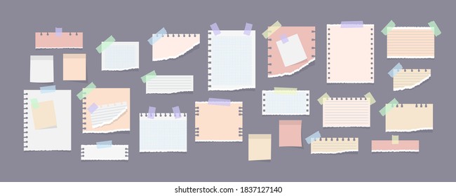 Notas de papel sobre pegatinas, carteles y mensajes memo rotos en hojas de papel. Nota franja blanca y colorida, cuaderno de copias, hoja portátil. Papel de oficina y escuela, emoticones de memo. Ilustración vectorial.