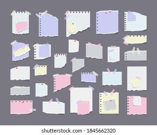 Paper notes on stickers, notepads and memo messages torn paper sheets. Blank notepaper of meeting reminder, to do list and office notice or information board. Information reminder. Vector illustration