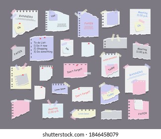 Paper notes on stickers, notepads and memo messages torn paper sheets. Blank notepaper of meeting reminder, to do list and office notice or information board. Information reminder. Vector illustration