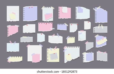 Paper notes on stickers, notepads and memo messages torn paper sheets. Information reminder. Blank notepaper of meeting reminder, to do list and office notice or information board. Vector illustration