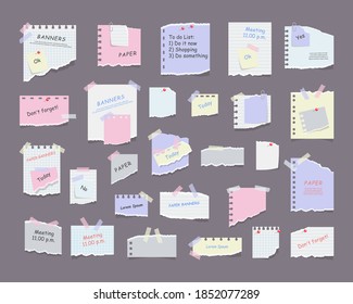 Paper notes on stickers, notepads and memo messages torn paper sheets. Information reminder. Blank notepaper of meeting reminder, to do list and office notice or information board. Vector illustration