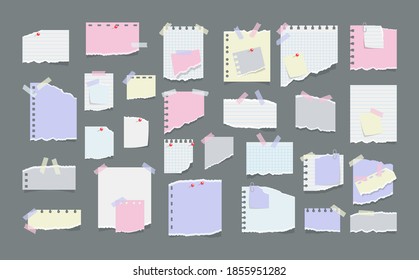 Paper notes on stickers, notepads and memo messages torn paper sheets. Blank notepaper of meeting reminder, to do list and office notice or information board. Information reminder. Vector illustration