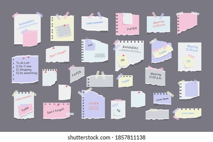 Paper notes on stickers, notepads and memo messages torn paper sheets. Blank notepaper of meeting reminder, to do list and office notice or information board. Information reminder. Vector illustration