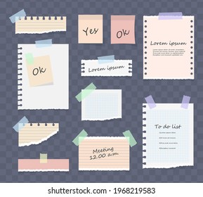 Paper notes on stickers, notepads and memo messages torn paper sheets. White and colorful striped note, copybook, notebook sheet. Office and school stationery, memo stickers. Vector illustration.