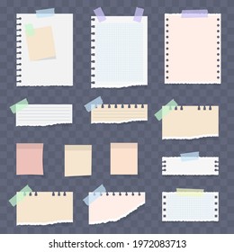 Paper notes on stickers, notepads and memo messages torn paper sheets. White and colorful striped note, copybook, notebook sheet. Office and school stationery, memo stickers. Vector illustration.