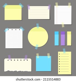 Paper notes on stickers, notepads and memo messages torn paper sheets.Concept of office notepads and information boards.Vector blank sticky notepaper posts