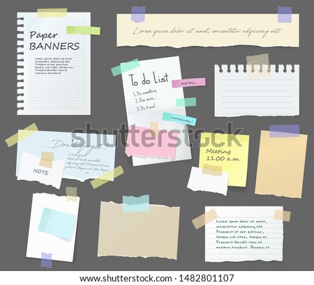 Paper notes on stickers, notepads and memo messages torn paper sheets. Vector blank sticky notepaper posts of meeting reminder, to do list and office notice or information board with appointment notes Foto d'archivio © 