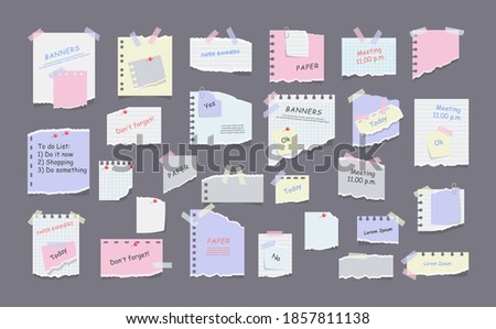 Paper notes on stickers, notepads and memo messages torn paper sheets. Blank notepaper of meeting reminder, to do list and office notice or information board. Information reminder. Vector illustration