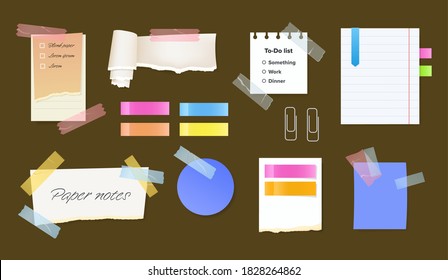 Paper notes on stickers, reminders notepads, memo messages torn paper sheets attached with transparent tape. Office torn pieces for write short notes, messages of meeting reminder, to-do list vector