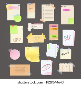 Paper notes on stickers, reminders notepads, memo messages torn paper sheets attached with transparent tape. Office torn pieces for write short notes, messages of meeting reminder, to-do list vector