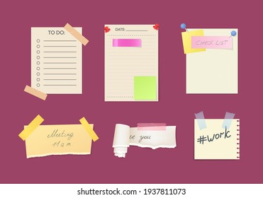 Paper notes on stickers, reminders notepads, memo messages torn paper sheets attached with transparent tape. Office torn pieces for write short notes, messages of meeting reminder, to-do list vector