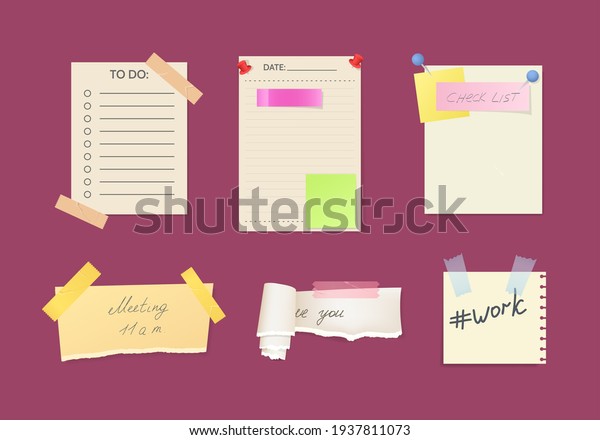 Paper notes on stickers, reminders notepads, memo\
messages torn paper sheets attached with transparent tape. Office\
torn pieces for write short notes, messages of meeting reminder,\
to-do list vector