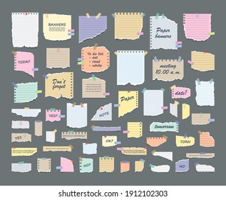 Paper notes on stickers. Sticky note paper posts of meeting reminder, to do list and office notice or information board notes. Torn sheets of notebook, multi colored sheets and pieces of torn paper.