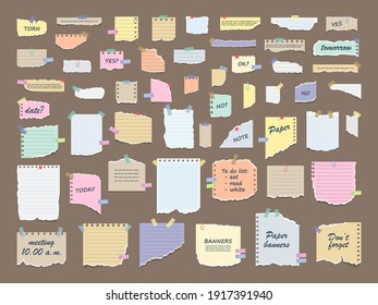 Papiernotizen über Aufkleber. Sticky Note Papier Beiträge der Besprechung Erinnerung, zu tun Liste und Büro-Hinweis oder Information Board Notizen. Tornblätter aus Notizbuch, mehrfarbige Blätter und zerrissene Papierstücke.