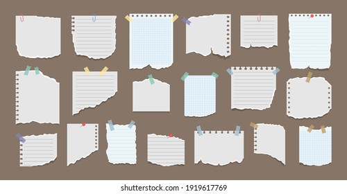 Paper Notes On Stickers. Sticky Note Paper Posts Of Meeting Reminder. Torn Sheets Of Notebook, Multi Colored Sheets And Pieces Of Torn Paper.