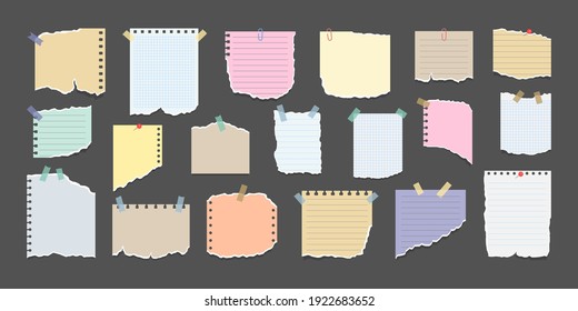 Paper notes on stickers. Sticky note paper posts of meeting reminder, to do list and office notice or information board notes. Torn sheets of notebook, multi colored sheets and pieces of torn paper.