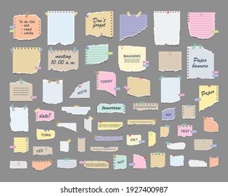 Paper notes on stickers. Sticky note paper posts of meeting reminder, to do list and office notice or information board notes. Torn sheets of notebook, multi colored sheets and pieces of torn paper.