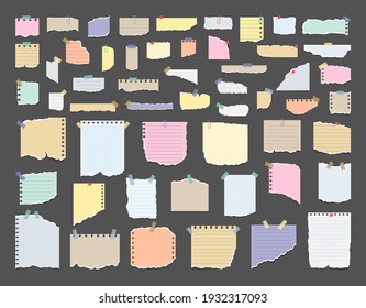 Paper notes on stickers. Sticky note paper posts of meeting reminder, to do list and office notice or information board notes. Torn sheets of notebook, multi colored sheets and pieces of torn paper.