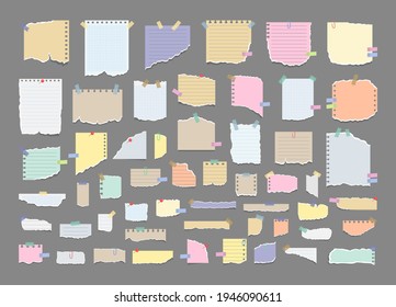Notas de papel sobre pegatinas. Publicaciones en papel pegajoso de recordatorio de reuniones, para hacer listas y avisos de oficina o notas de la junta de información. Láminas rotas de cuaderno, sábanas multicolores y trozos de papel roto.