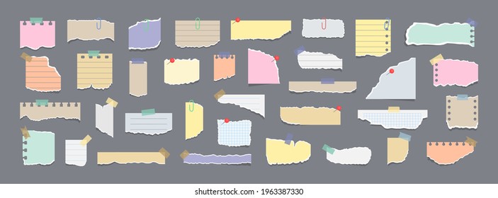 Paper notes on stickers. Sticky note paper posts of meeting reminder, to do list and office notice or information board notes. Torn sheets of notebook, multi colored sheets and pieces of torn paper.