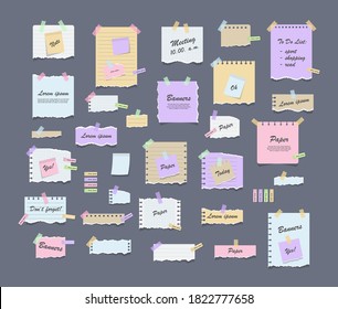 Paper notes on stickers. Torn sheets of notebook, multi colored sheets and pieces of torn paper. Sticky note paper posts of meeting reminder, to do list and office notice or information board notes.