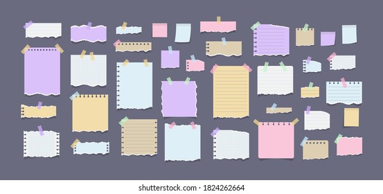Paper notes on stickers. Torn sheets of notebook, multi colored sheets and pieces of torn paper. Sticky note paper posts of meeting reminder, to do list and office notice or information board notes.