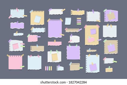 Paper notes on stickers. Torn sheets of notebook, multi colored sheets and pieces of torn paper. Sticky note paper posts of meeting reminder, to do list and office notice or information board notes.