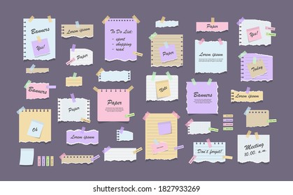 Paper notes on stickers. Torn sheets of notebook, multi colored sheets and pieces of torn paper. Sticky note paper posts of meeting reminder, to do list and office notice or information board notes.