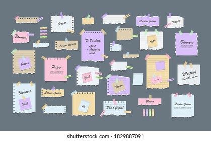 Paper notes on stickers. Torn sheets of notebook, multi colored sheets and pieces of torn paper. Sticky note paper posts of meeting reminder, to do list and office notice or information board notes.