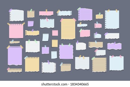 Paper notes on stickers. Torn sheets of notebook, multi colored sheets and pieces of torn paper. Sticky note paper posts of meeting reminder, to do list and office notice or information board notes.