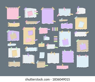 Paper notes on stickers. Torn sheets of notebook, multi colored sheets and pieces of torn paper. Sticky note paper posts of meeting reminder, to do list and office notice or information board notes.