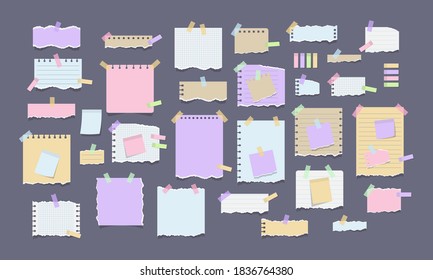 Paper notes on stickers. Torn sheets of notebook, multi colored sheets and pieces of torn paper. Sticky note paper posts of meeting reminder, to do list and office notice or information board notes.