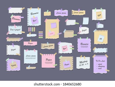Paper notes on stickers. Torn sheets of notebook, multi colored sheets and pieces of torn paper. Sticky note paper posts of meeting reminder, to do list and office notice or information board notes.