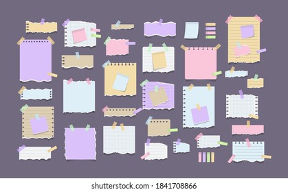 Paper Notes On Stickers. Torn Sheets Of Notebook, Multi Colored Sheets And Pieces Of Torn Paper. Sticky Note Paper Posts Of Meeting Reminder, To Do List And Office Notice Or Information Board Notes.