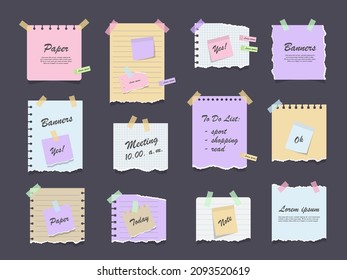 Papiernotizen über Aufkleber. Tornblätter aus Notizbuch, mehrfarbige Blätter und zerrissene Papierstücke. Sticky Note Papier Beiträge der Besprechung Erinnerung, zu tun Liste und Büro-Hinweis oder Information Board Notizen.