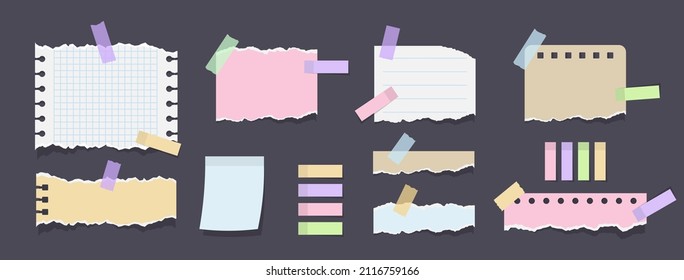 Paper notes on stickers. Torn sheets of notebook, multi colored sheets and pieces of torn paper. Sticky note paper posts of meeting reminder, to do list and office notice or information board notes.