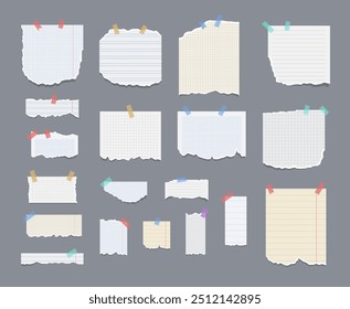 Paper notes on stickers. Torn sheets of notebook, texture page, textured memo sheet. Torn ripped paper sheets with sticker.