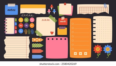 Paper notes on stickers. Vector illustration set in flat cartoon style. Hand drawn sticky notes for reminders, to do list, planner, school schedule, bullet journal, scrapbook.