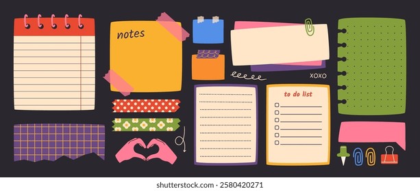 Paper notes on stickers. Vector illustration set in flat cartoon style. Hand drawn sticky notes for reminders, to do list, planner, school schedule, bullet journal, scrapbook.