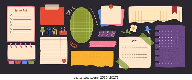 Paper notes on stickers. Vector illustration set in flat cartoon style. Hand drawn sticky notes for reminders, to do list, planner, school schedule, bullet journal, scrapbook.