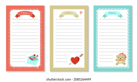 Paper for notes. Pages with cute pictures on the theme "I love ...".