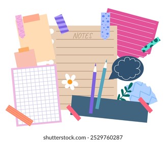 Notas de papel con lápices. Lápices y libretas. Estacionario y scrapbook. Organización de un trabajo eficaz y de un proceso educativo. Ilustración vectorial plana aislada sobre fondo blanco