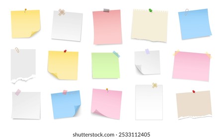 Paper notes with pin and tape. Colored stickers, torn sheets and notebook pages. Note sticky papers with curled corner. Realistic templates for a note message. Vector illustration.