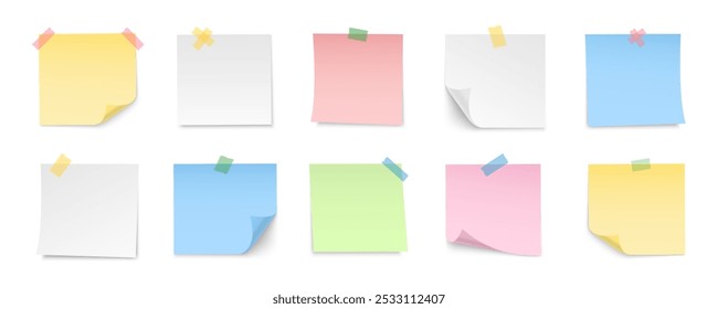 Paper notes with pin and tape. Colored stickers, torn sheets and notebook pages. Note sticky papers with curled corner. Realistic templates for a note message. Vector illustration.