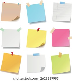 Paper notes with pin and tape. Colored stickers, torn sheets and notebook pages. Note sticky papers with curled corner. Realistic templates for a note message. Vector illustration.