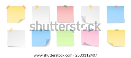 Paper notes with pin and tape. Colored stickers, torn sheets and notebook pages. Note sticky papers with curled corner. Realistic templates for a note message. Vector illustration.