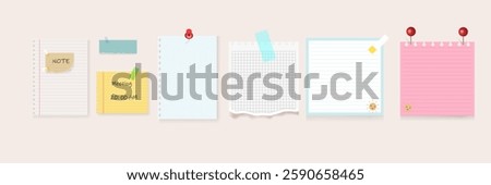 Paper notes with pin and tape. Colored stickers, torn sheets and notebook pages. Vector illustration. Note sticky papers with curled corner. Realistic templates for a note message. 