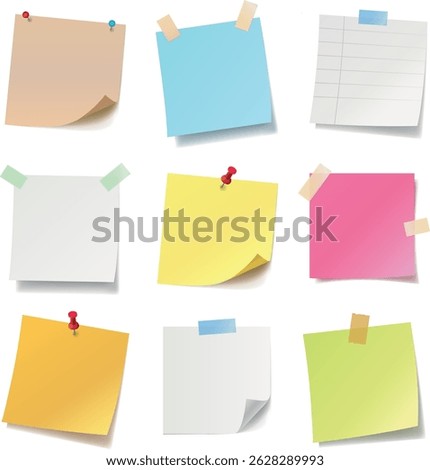 Paper notes with pin and tape. Colored stickers, torn sheets and notebook pages. Note sticky papers with curled corner. Realistic templates for a note message. Vector illustration.