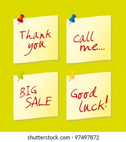 paper notes with push pin over green background. vector